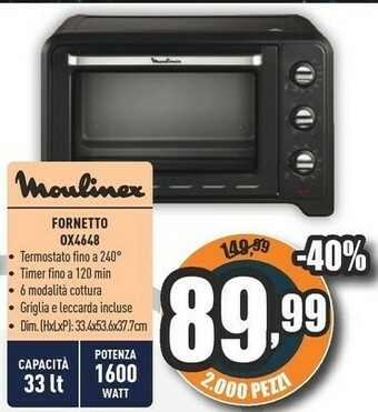 Unieuro Moulinex ox4858 optimo 39l, forno elettrico ventilato con capacità di 39 l, 7 modalità di cottura, termostato fino a 240°c, p offerta