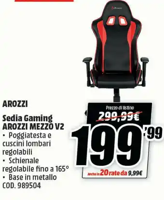 MediaWorld Arozzi sedia gaming mezzo v2 offerta