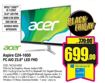 Wellcome Aspire c24-1650 60,5 cm (23.8") 1920 x 1080 pixel intel® core™ i5 di undicesima generazione 8 gb ddr4-sdram 512 gb ssd pc all offerta
