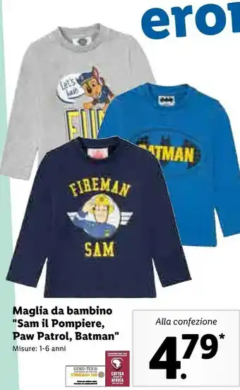 Lidl Maglia da bambino " sam il pompiere, paw patrol, batman" misure 1-6 anni offerta