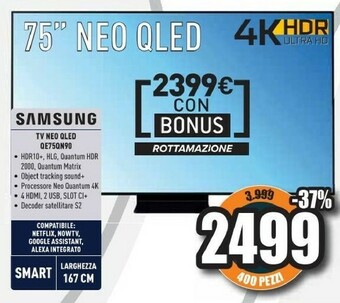 Unieuro Tv neo qled 4k 75” qe75qn90a smart tv wi-fi titan black 2021 offerta