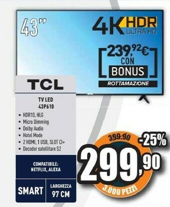 Unieuro 43p610 tv 109,2 cm (43") 4k ultra hd smart tv wi-fi nero offerta