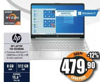 Unieuro 15s-eq2006nl computer portatile 39,6 cm (15.6") full hd amd ryzen 3 8 gb ddr4-sdram 512 gb ssd wi-fi 5 (802.11ac) windows 10  offerta