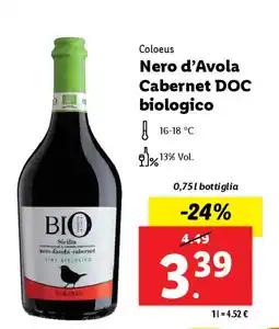 Lidl Coloeus Nero d'Avola Cabernet DOC biologico offerta