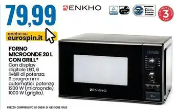 Eurospin Enkho forno microonde 20 l con grill 1200 w offerta