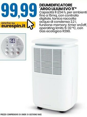 Eurospin Argo lilium evo 11 deumidificatore offerta