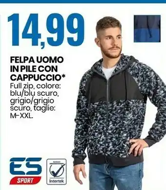 Eurospin Es sport felpa uomo in pile con cappuccio offerta