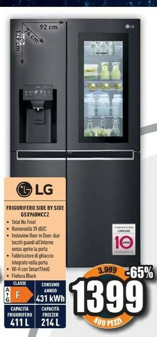 Unieuro Gsx960mccz frigorifero side-by-side libera installazione 601 l f nero offerta