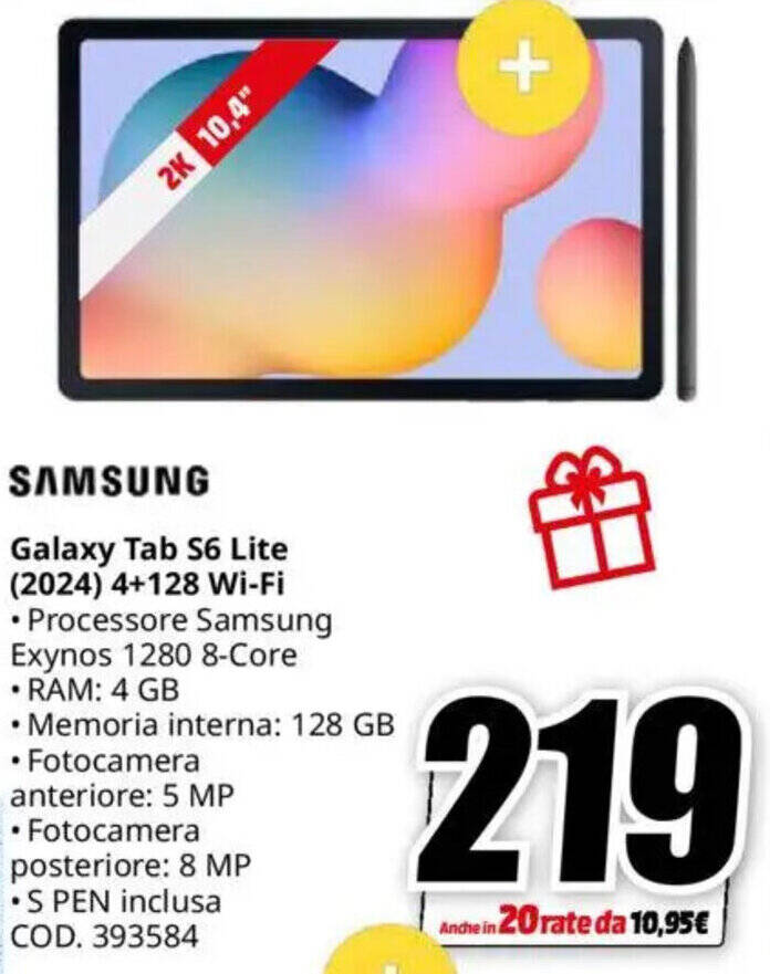 Offerta SAMSUNG Galaxy Tab S6 Lite (2024) 4+128 WiFi nel volantino di