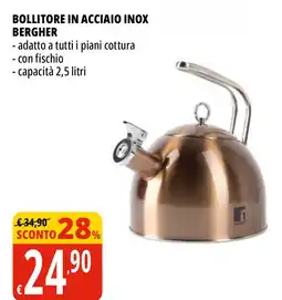 Tigros Bollitore in acciaio inox bergher - adatto a tutti i piani cottura - con fischio - capacità offerta