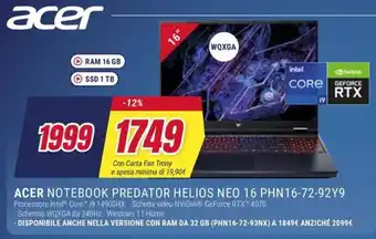 Trony ACER NOTEBOOK PREDATOR HELIOS NEO 16 PHN16-72-92Y9 offerta