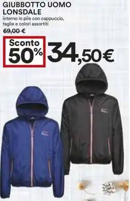 Giubbotto uomo lonsdale interno in pile con cappuccio, taglie e colori assortiti