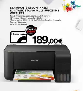 Ipercoop Epson Stampante Inkjet Ecotank ET-2710 Multifunzione Wireless offerta
