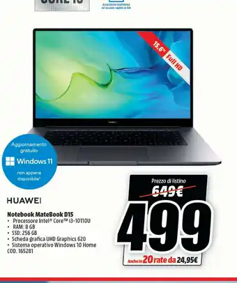Matebook d15 computer portatile 39,6 cm (15.6") 1920 x 1080 pixel intel® core™ i5 di decima generazione 8 gb ddr4-sdram 256 g