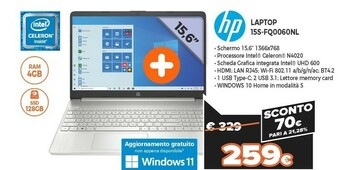 Expert 15s-fq0060nl computer portatile 39,6 cm (15.6") hd intel® celeron® 4 gb ddr4-sdram 128 gb ssd wi-fi 5 (802.11ac) windows 10 h offerta