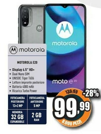 Unieuro Moto e20 16,5 cm (6.5") doppia sim android 11 4g usb tipo-c 2 gb 32 gb 4000 mah grigio offerta