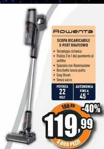 Unieuro Rh6933, cleaner x-pert 3.60, scopa elettrica, 45 minuti di autonomia, peso di 2,2 kg, nero & rosso offerta