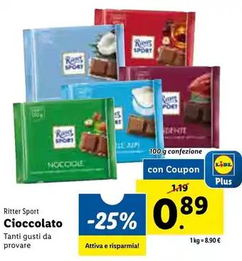 Lidl Ritter Sport Cioccolato 100g offerta