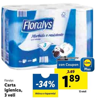 Lidl Floralys Carta igienica, 3 veli offerta