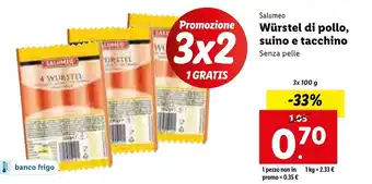 Lidl Salumeo Würstel di Pollo, Suino e Tacchino 3x100g offerta