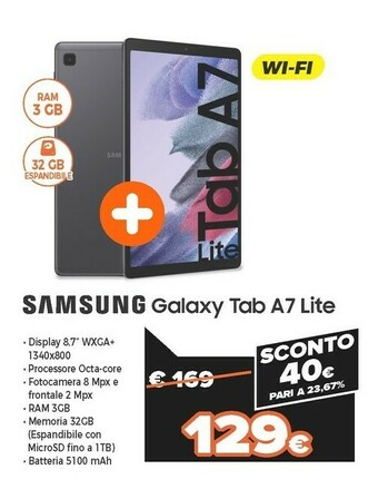 Expert Galaxy tab a7 lite sm-t220n 32 gb 22,1 cm (8.7") 3 gb wi-fi 5 (802.11ac) argento offerta