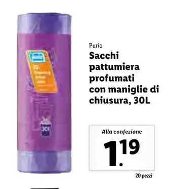 Lidl Purio Sacchi pattumiera profumati con maniglie di chiusura, 30L offerta