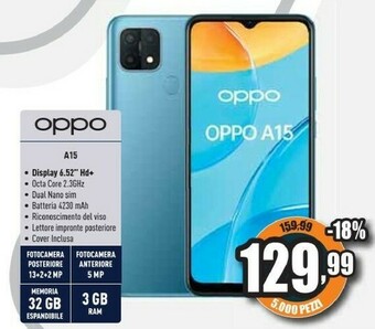 Unieuro A15 smartphone, 179g, display 6.52" hd+ lcd, 3 fotocamere 13mp, ram 3gb + rom 32gb espandibile, batteria 4230mah, ricarica ra offerta
