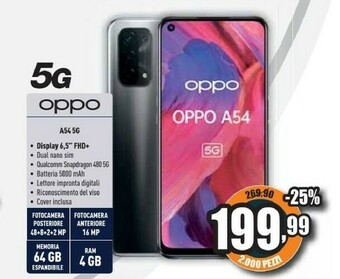 Unieuro A54 5g a54 smartphone 5g, 193g, display 6.5" fhd+ 90hz, 4 fotocamere 48mp, ram 4gb+rom 64gb, batteria 5000mah, ricarica rapid offerta