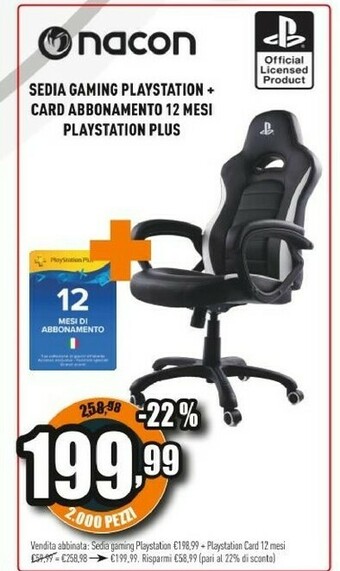 Unieuro Sedia gaming playstation + card abbonamento 12 mesi playstation plus offerta