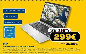 Euronics Chromebook 14a-na0037nl 35,6 cm (14") full hd intel® celeron® 8 gb lpddr4-sdram 128 gb emmc wi-fi 5 (802.11ac) chrome os arge offerta
