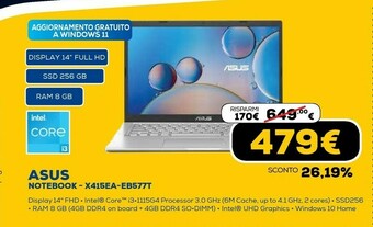 Euronics X415ea-eb577t computer portatile 35,6 cm (14") full hd intel® core™ i3 di undicesima generazione 8 gb ddr4-sdram 256 gb ssd w offerta