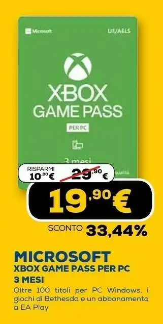 Euronics Xbox game pass per pc 3 mesi offerta