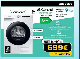 Euronics Dv90t5240aw asciugatrice libera installazione caricamento frontale 9 kg a+++ bianco offerta