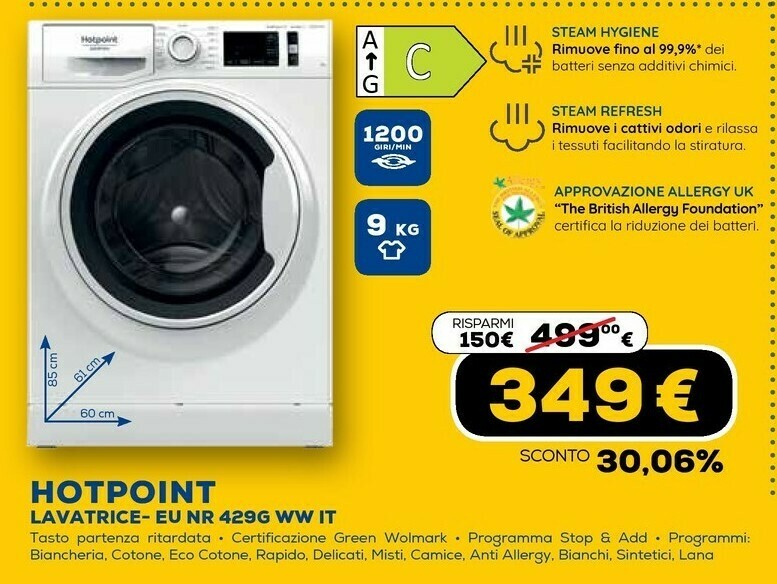 Eu nr 429g ww it lavatrice caricamento frontale 9 kg 1200 giri/min bianco  offerta di Euronics