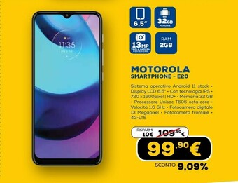 Euronics Moto e20 16,5 cm (6.5") doppia sim android 11 4g usb tipo-c 2 gb 32 gb 4000 mah grigio offerta