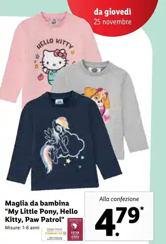 Lidl Maglia da bambina "My Little Pony, Hello Kitty, Paw Patrol" offerta