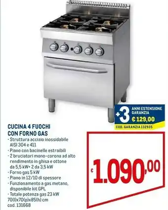 Metro Cucina 4 fuochi con forno gas offerta