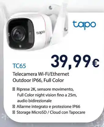 Unieuro TC65 Telecamera Wi-Fi/Ethernet Outdoor IP66, Full Color offerta