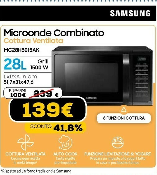 Mc28h5015ak forno a microonde superficie piana microonde combinato 28 l 900  w nero offerta di Euronics