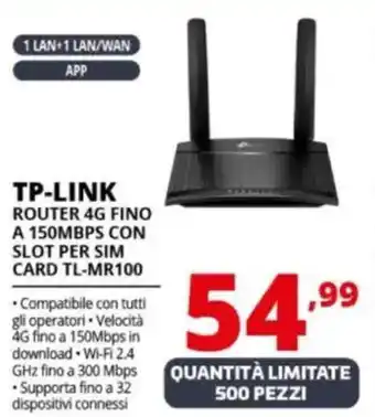 Comet TP-LINK ROUTER 4G FINO A 150MBPS CON SLOT PER SIM CARD TL-MR100 offerta