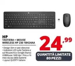 Comet HP TASTIERA + MOUSE WIRELESS HP 230 18H24AA offerta