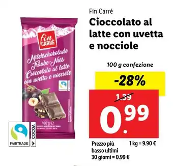 Lidl Fin Carré Cioccolato al latte con uvetta e nocciole offerta