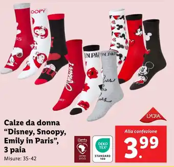 Lidl Calze da donna "Disney, Snoopy, Emily in Paris", 3 paia offerta