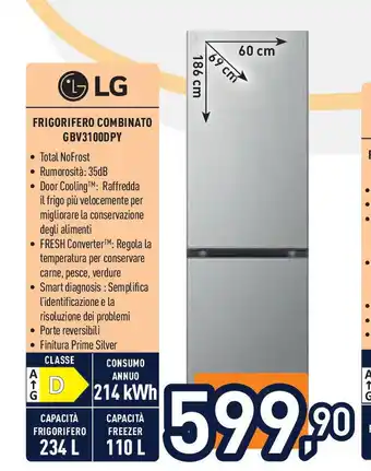 Unieuro LG Frigorifero combinato gbv3100dpy offerta