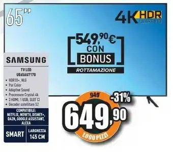 Unieuro Tv crystal uhd 4k 65” ue65au7170 smart tv wi-fi titan gray 2021 offerta