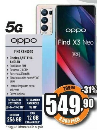 Unieuro Find x3 neo smartphone 5g, qualcomm865, display 6.55''fhd+amoled, 4 fotocamere 50mp, ram 12gb espandibile fino a 19gb+rom 256 offerta