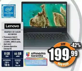 Unieuro Ideapad 3 cb chromebook 35,6 cm (14") full hd intel® celeron® n 8 gb lpddr4-sdram 64 gb emmc wi-fi 5 (802.11ac) chrome os blu offerta