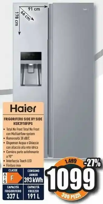Unieuro Sbs 90 serie 3 hsr3918fipg frigorifero side-by-side libera installazione 515 l f argento offerta