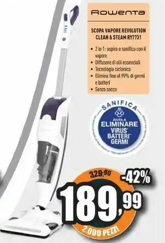 Unieuro Ry7731 clean & steam revolution, scopa lavapavimenti a vapore, aspira e igienizza contemporaneamente, elimina germi e batteri offerta