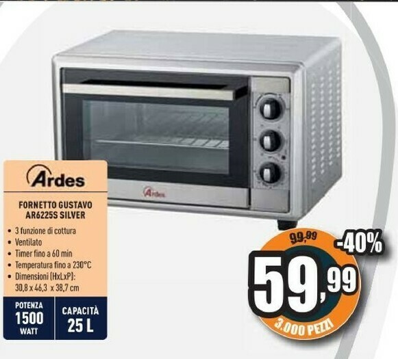 Gustavo ar6225s 25 l nero, argento grill 1500 w offerta di Unieuro